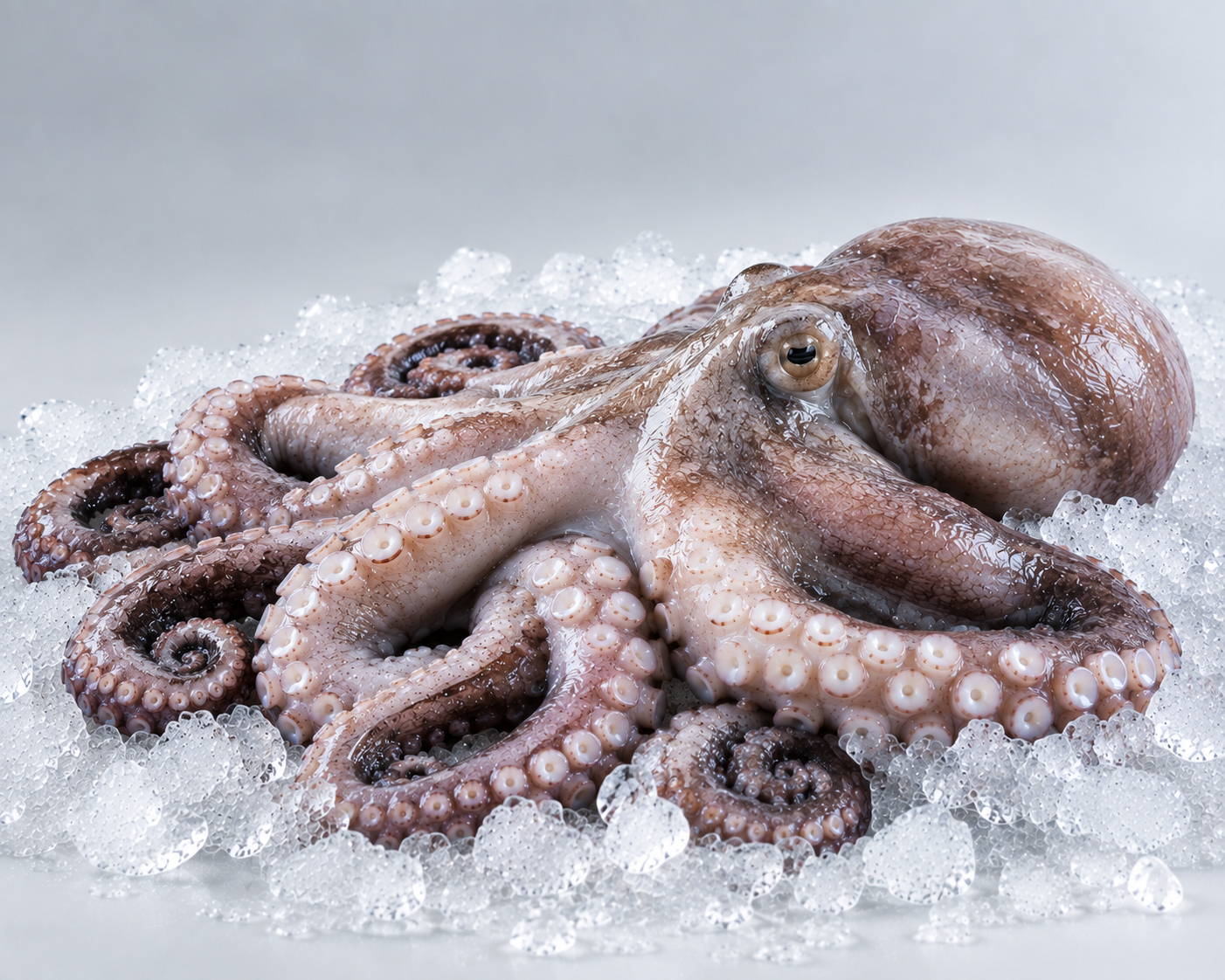 Pulpo congelado sobre hielo picado